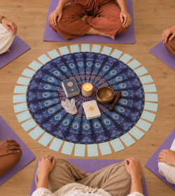 Sechs Frauen sitzen mit Abstand auf lila Yogamatten im Kreis, ohne sichtbare Gesichter. In der Mitte liegen auf einem blau gemusterten Tuch eine brennende Kerze, eine Klangschale, ein Bergkristall und Kartenstapel. Weitere Impulskarten bilden einen Ring um das Tuch.